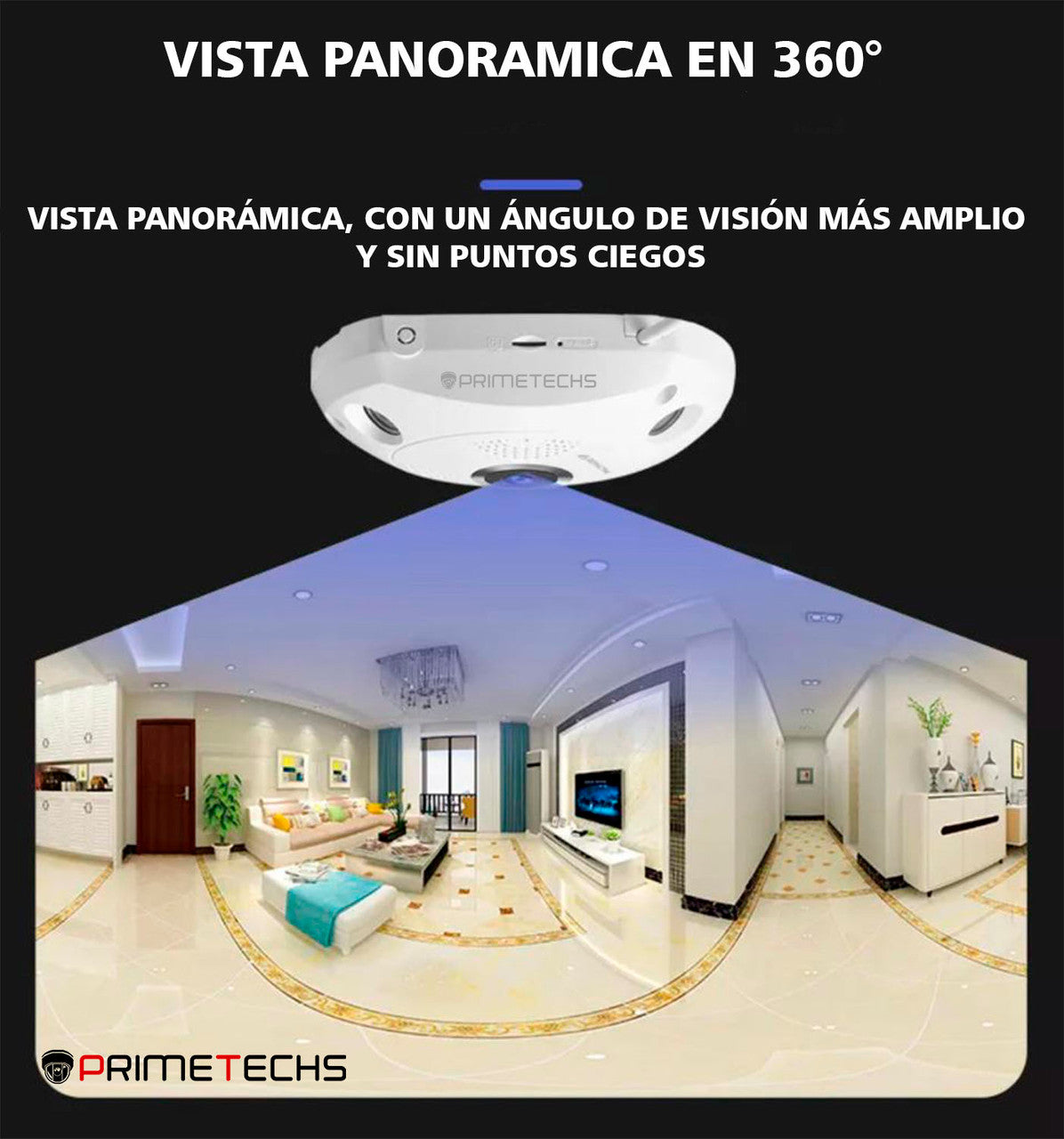 Cámara IP Fisheye 360°, 2MP, WIFI y cable LAN RJ45 .Bocina y micrófono. Infrarrojo 10 ms. Memoria MicroSD de hasta 128 GB (Opcional)