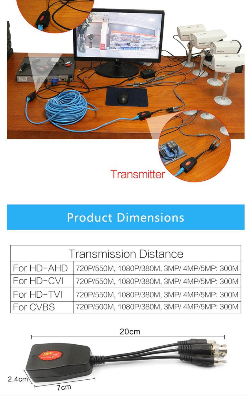 Par de Balun RJ45 BNC HD CVI TVI AHD con cable de audio RCA protección contra interferencia, distancia larga
