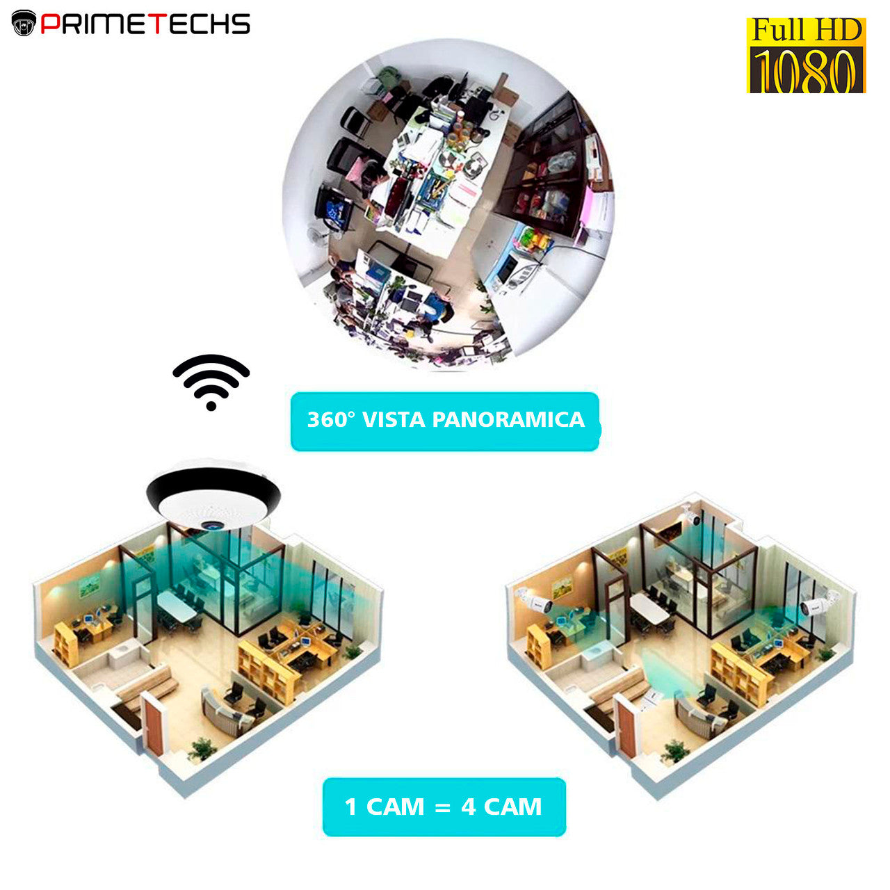Cámara Fisheye IP WIFI 360°, APP móvil, Detección de movimiento, Audio bidireccional