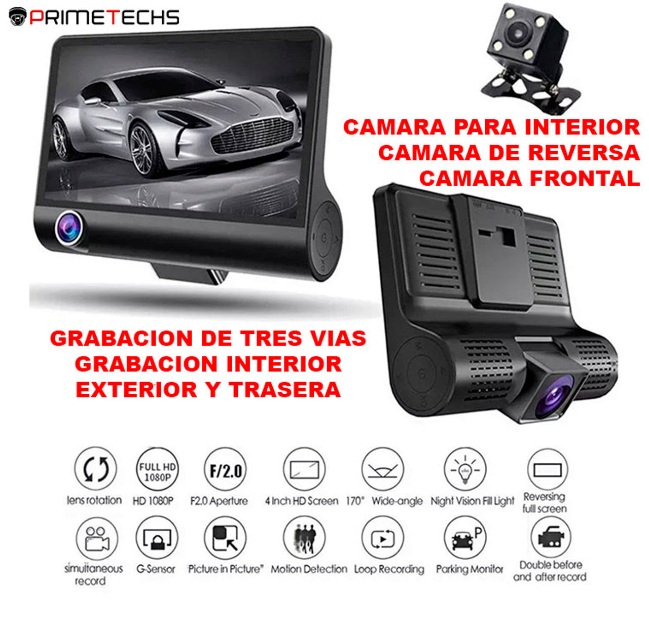 Dashcam para automovil de tres camaras