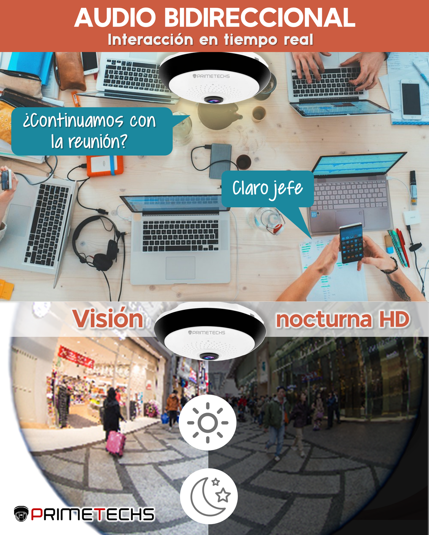 Cámara Fisheye IP WIFI 360°, APP móvil, Detección de movimiento, Audio bidireccional
