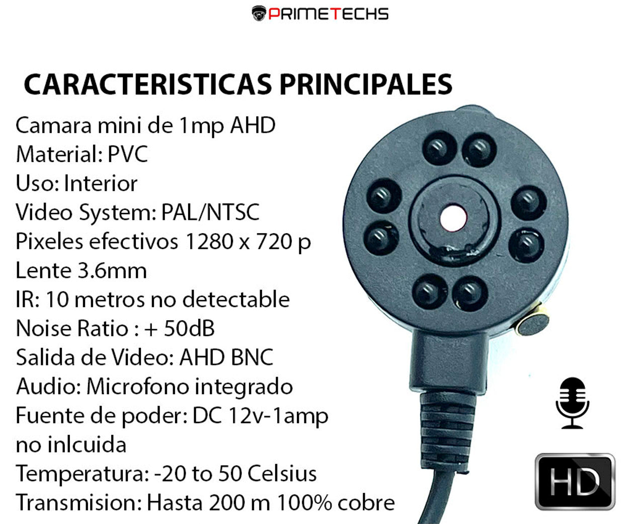 Cámara mini 1 mp /720p para DVR, IR indetectable, micrófono integrado