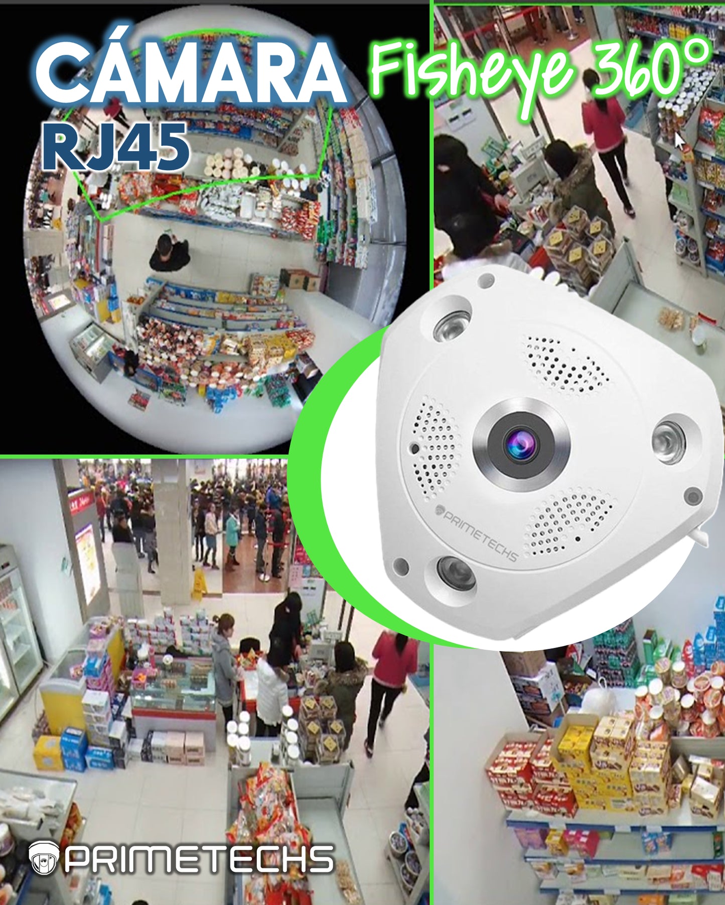 Cámara IP Fisheye 360°, 2MP, WIFI y cable LAN RJ45 .Bocina y micrófono. Infrarrojo 10 ms. Memoria MicroSD de hasta 128 GB (Opcional)