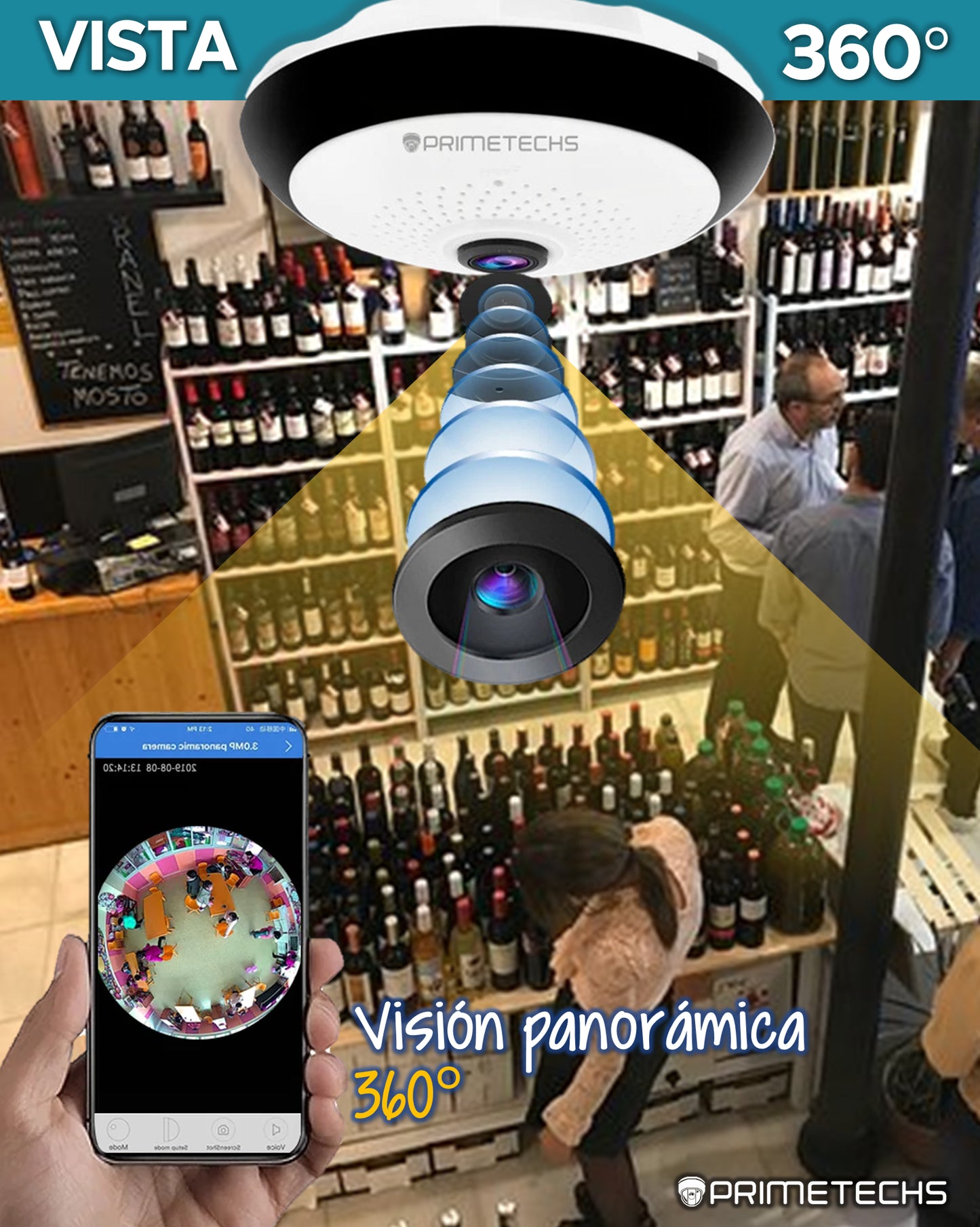 Cámara Fisheye IP WIFI 360°, APP móvil, Detección de movimiento, Audio bidireccional