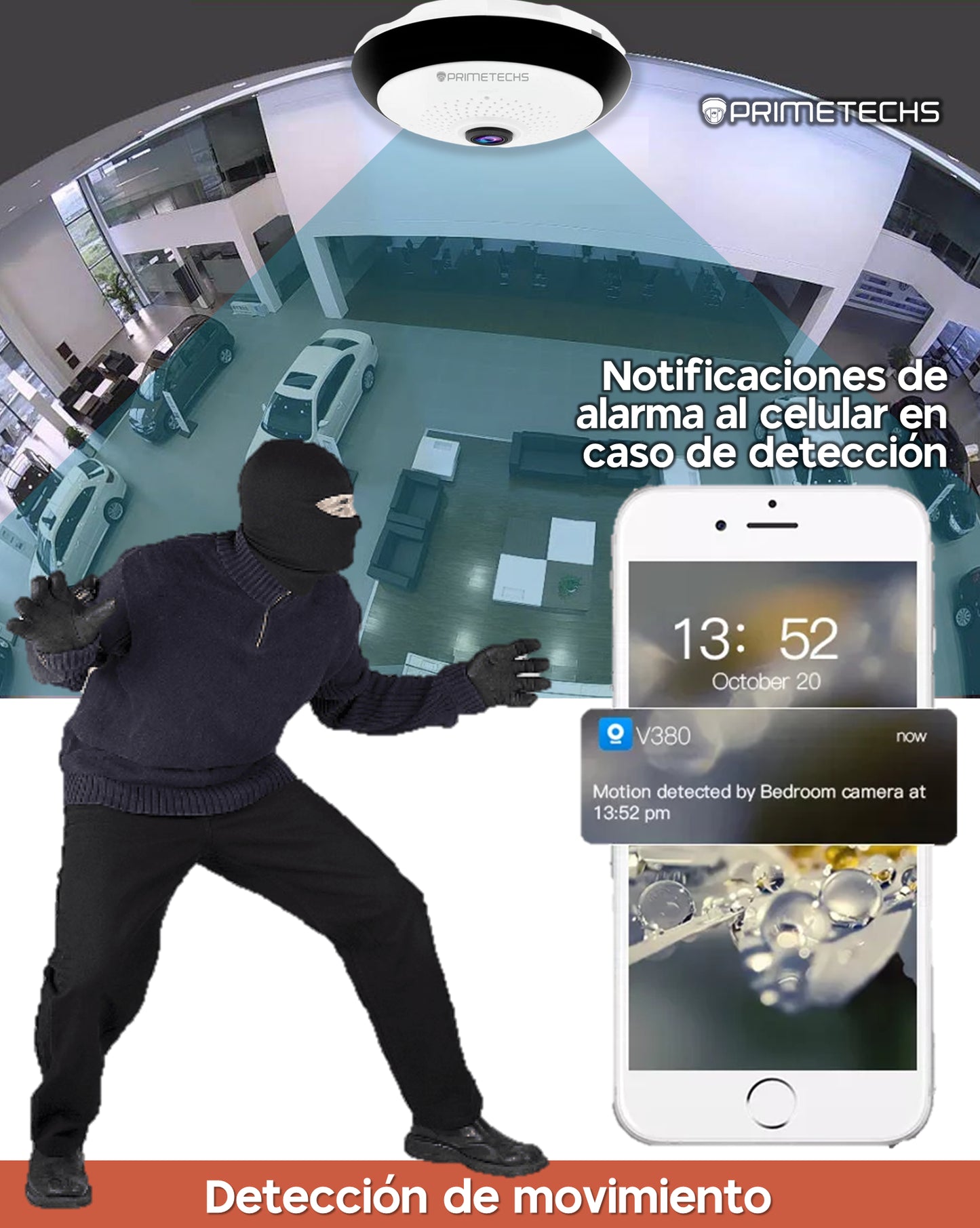 Cámara Fisheye IP WIFI 360°, APP móvil, Detección de movimiento, Audio bidireccional