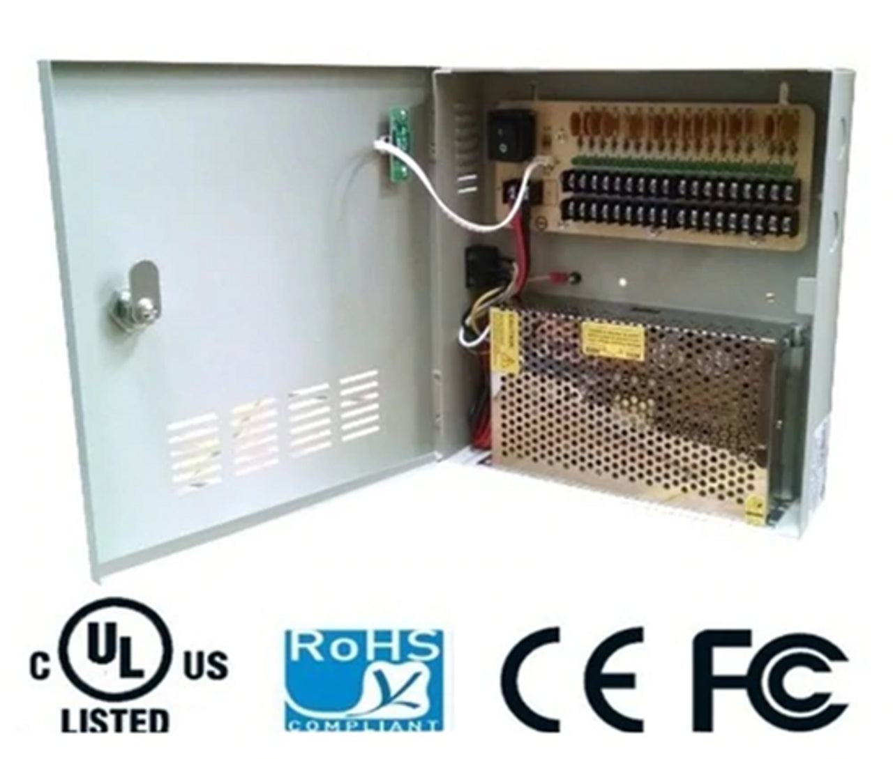 Fuente de poder 12V CD / 30 Amp / Distribuidor para 18 cámaras / 1.65 Amp por canal / Ce / FCC / Económica