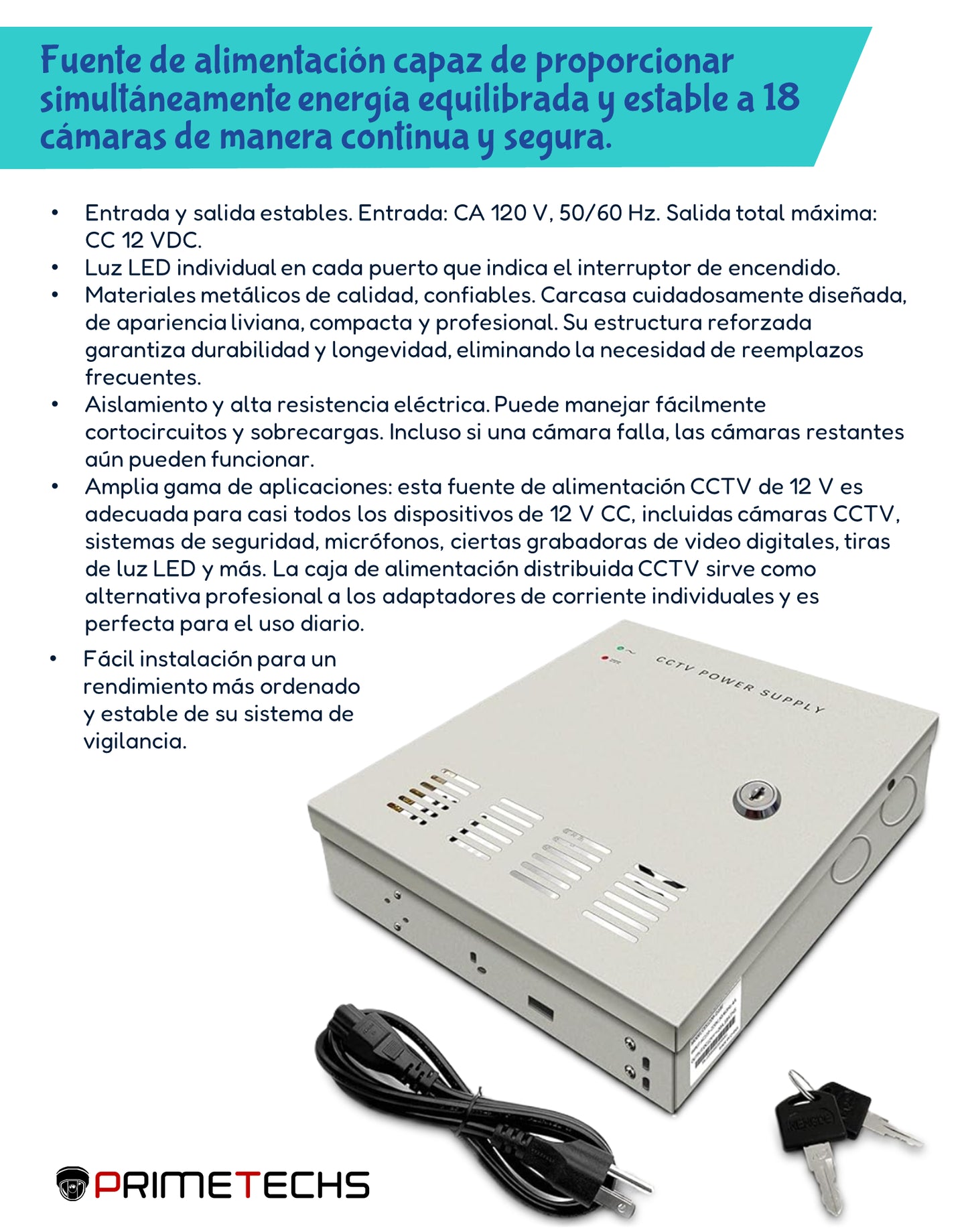 Fuente de poder 12V CD / 30 Amp / Distribuidor para 18 cámaras / 1.65 Amp por canal / Ce / FCC / Económica